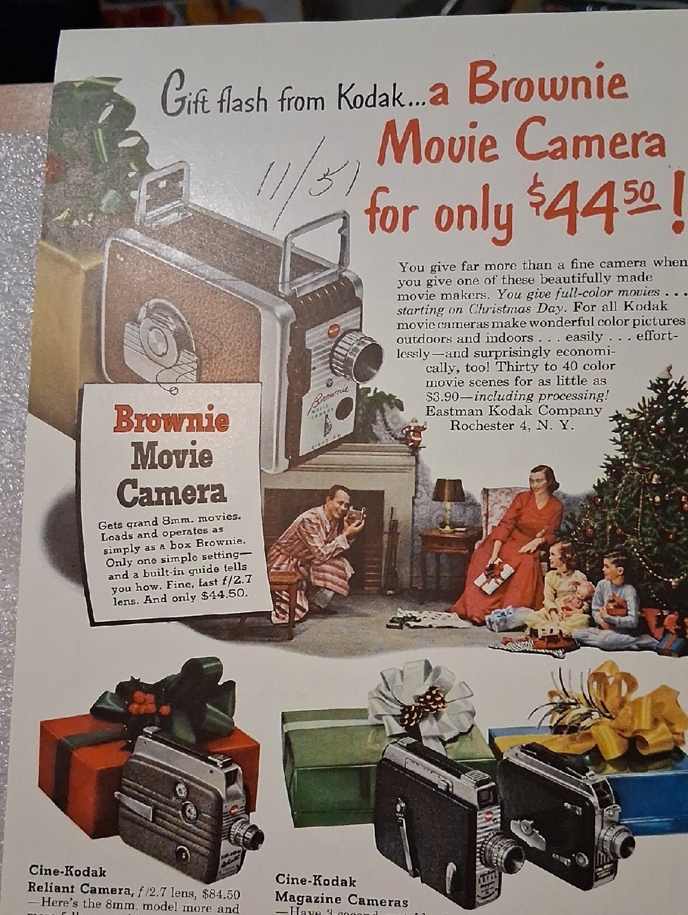 Kodak Brownie Movie Camera in Black and Silver.  Ad From National Geograpic 1951